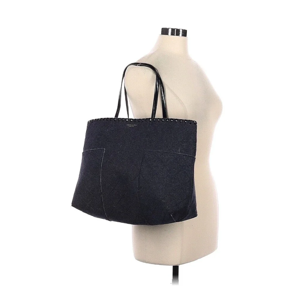 TORY BURCH Block T Dark Gray Black Felt Fabric Large Tote Bag